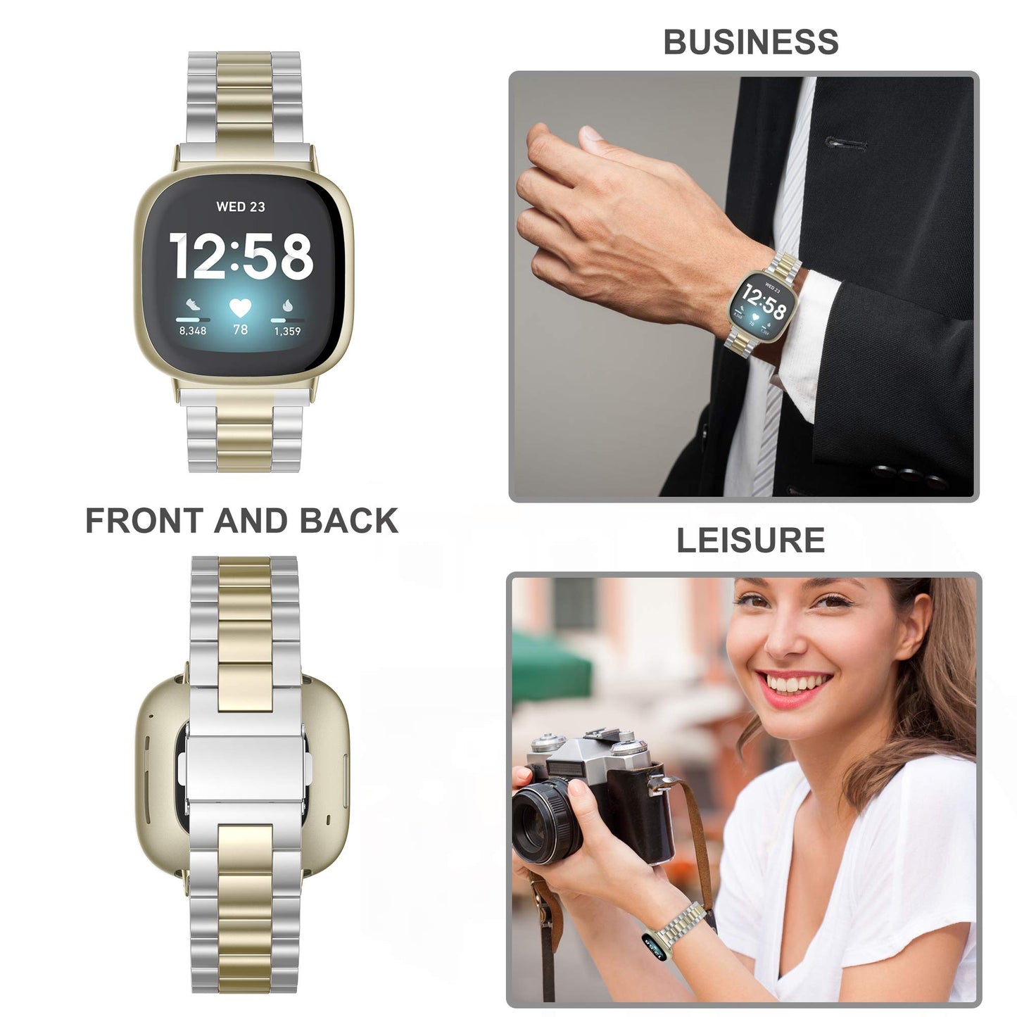 Wearlizer Compatible with Fitbit Versa 4/3 Bands/Fitbit Sense Bands for Women Men, Stainless Steel Ultra-Thin Lightweight Metal Replacement Strap for Versa 4/Sense (Soft Gold+Silver)