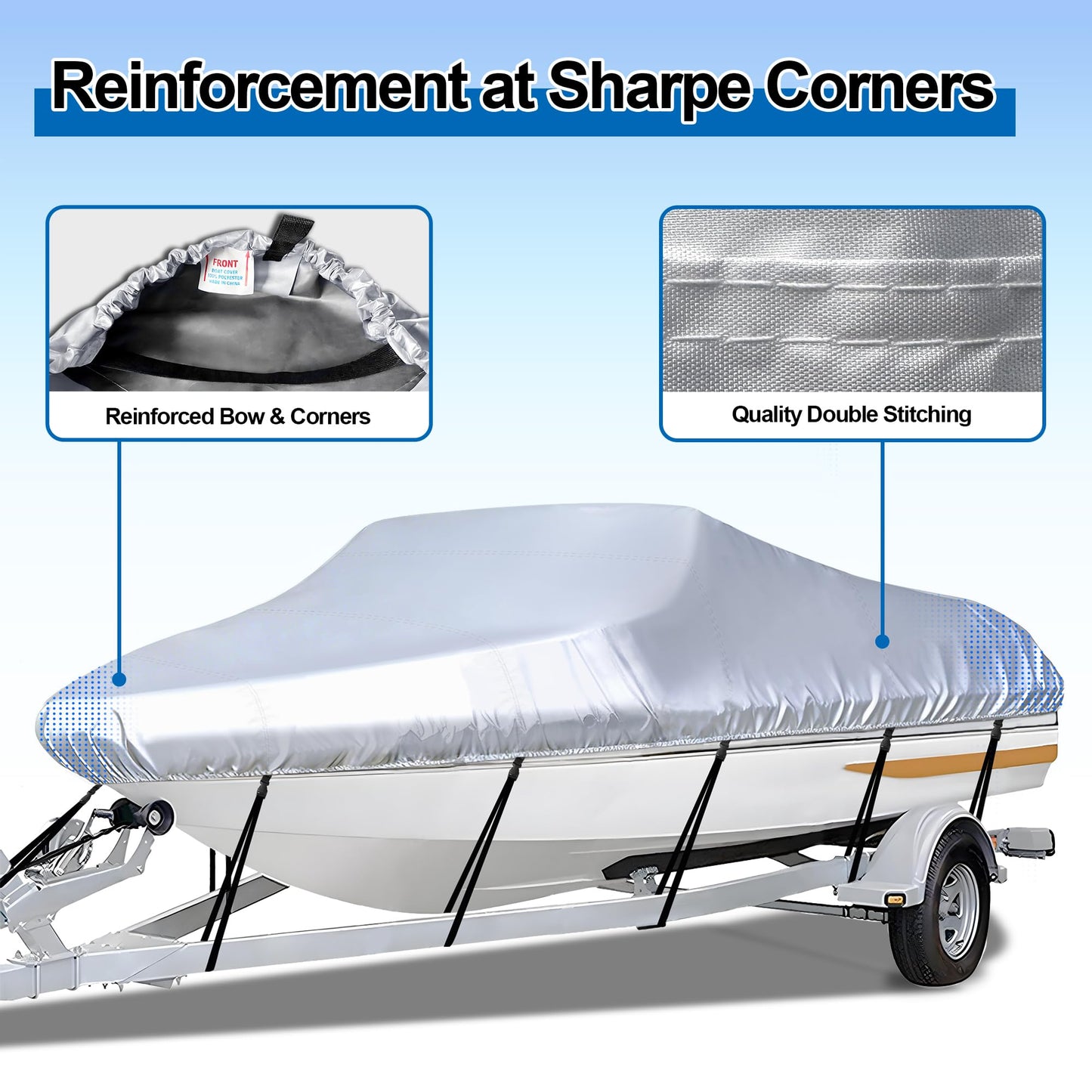 iCOVER Trailerable Boat Cover- 16'-18.5' Heavy Duty Waterproof Tarp Covers with Storage Bag, Fits V-Hull, Fish&Ski, Pro-Style, Fishing, Runabout, Bass Boats, up to 16ft-18.5ft Long X 94" Wide