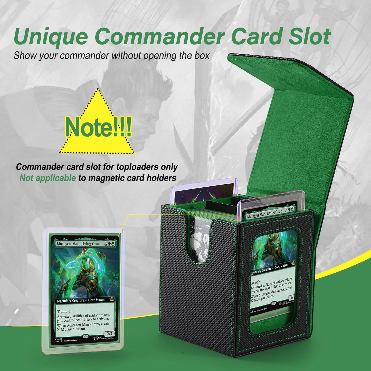 Commander Deck Box for MTG with double display windows,Card Storage Box Fits 120+ Single sleveed Cards,Magnetic Card Box with 2 Dividers&2 Toploaders for TCG Black/Green