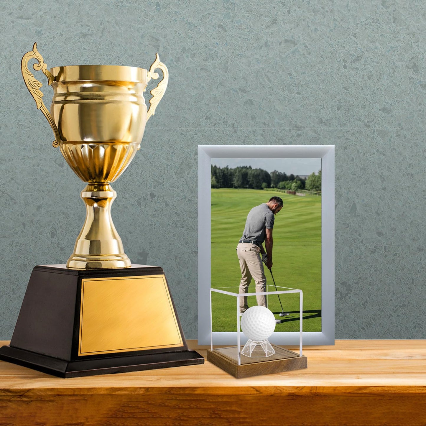 Clear Acrylic Golf Ball Display Case with Wood Base & Acrylic Holder, Memorabilia Stand Cube Holder, Dust Protection Transparent Storage Box for Single Ball Souvenir Golfball Collections
