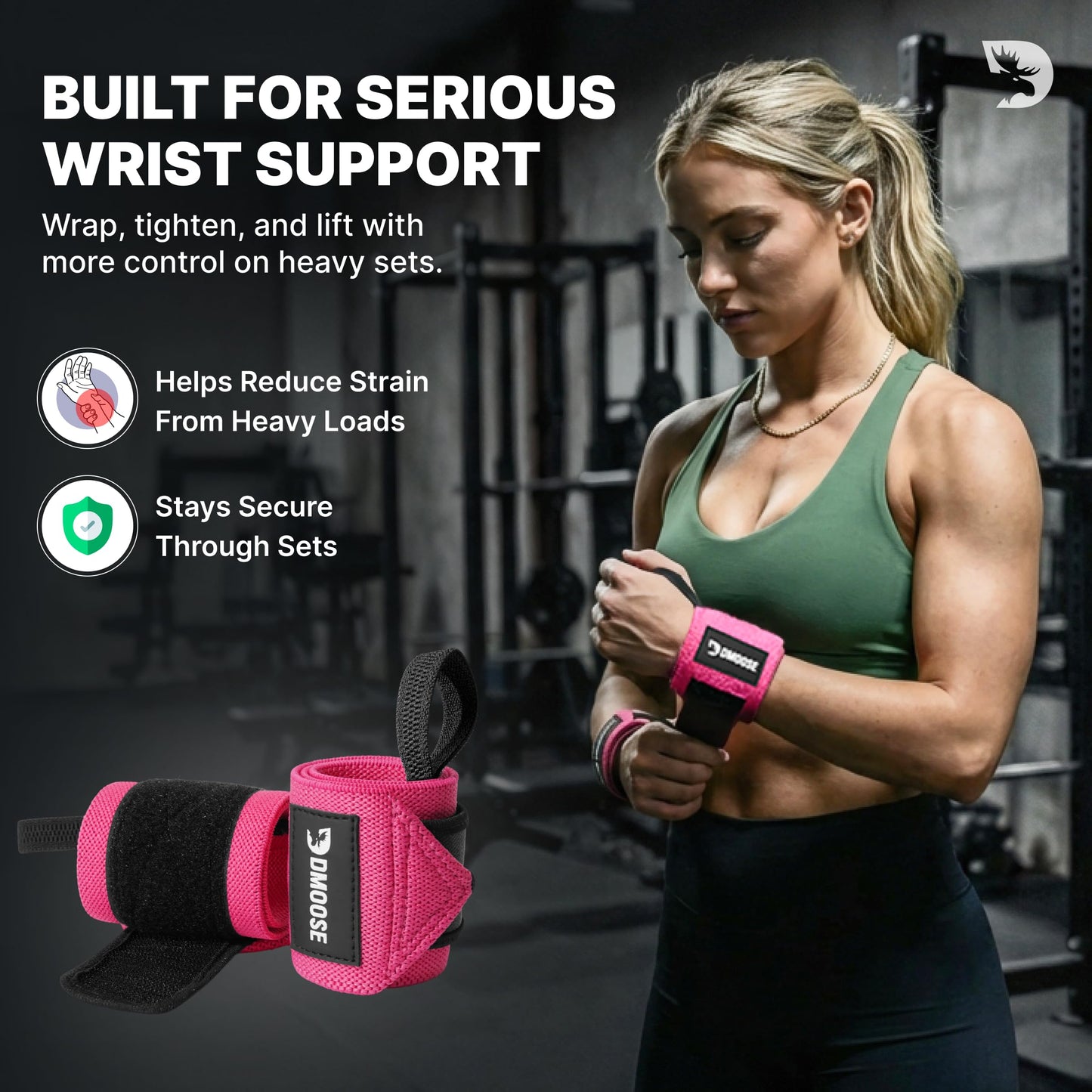 DMoose Wrist Straps for Weightlifting 12 and 18 Inches Thumb Loops with Wrist Support for Workouts Powerlifting Wrist Straps for Weight Lifting Men and Women Pink
