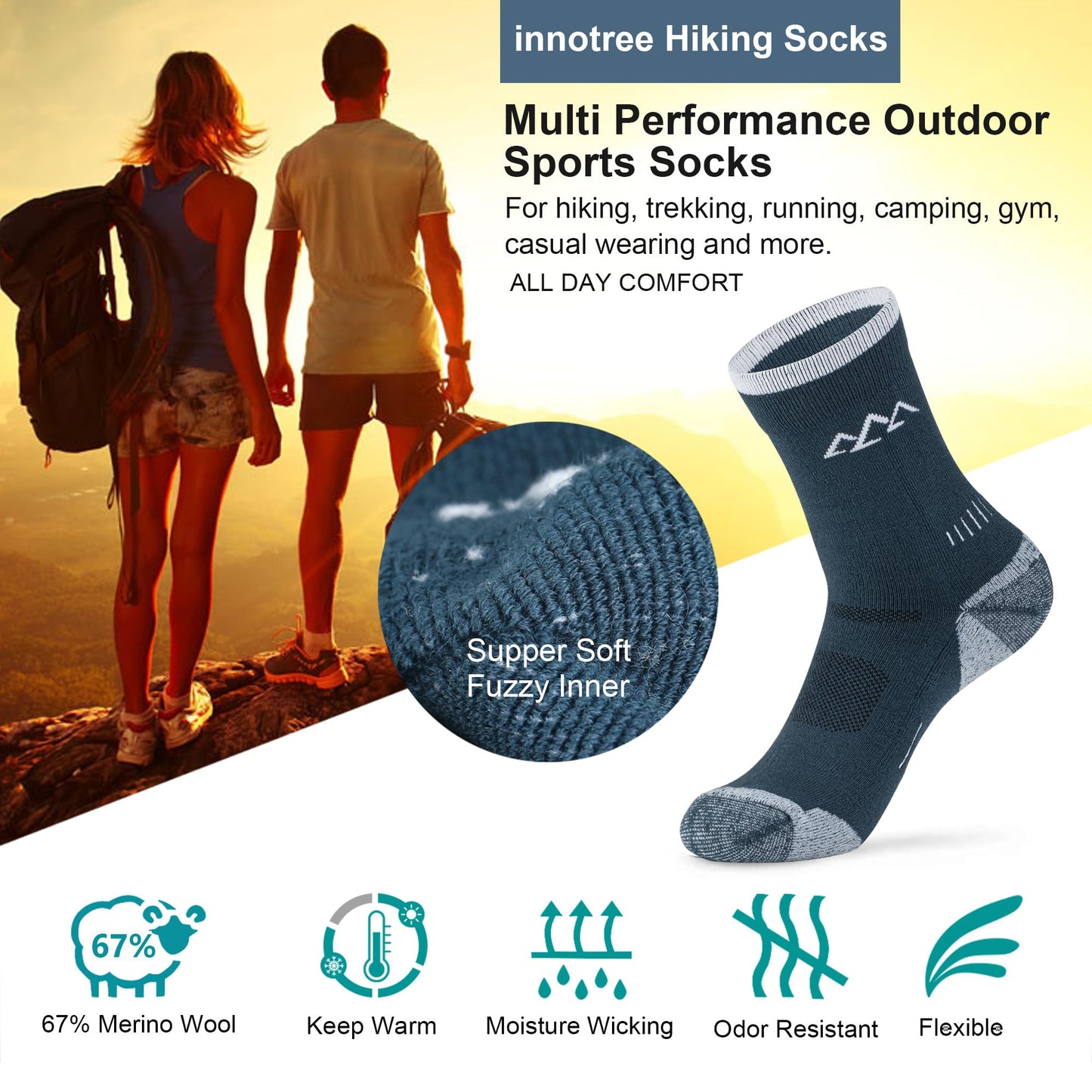 innotree 3 Pack Men's Merino Wool Hiking Socks, Micro Crew Cushioned Hiking Walking Socks Moisture Wicking Trekking Socks