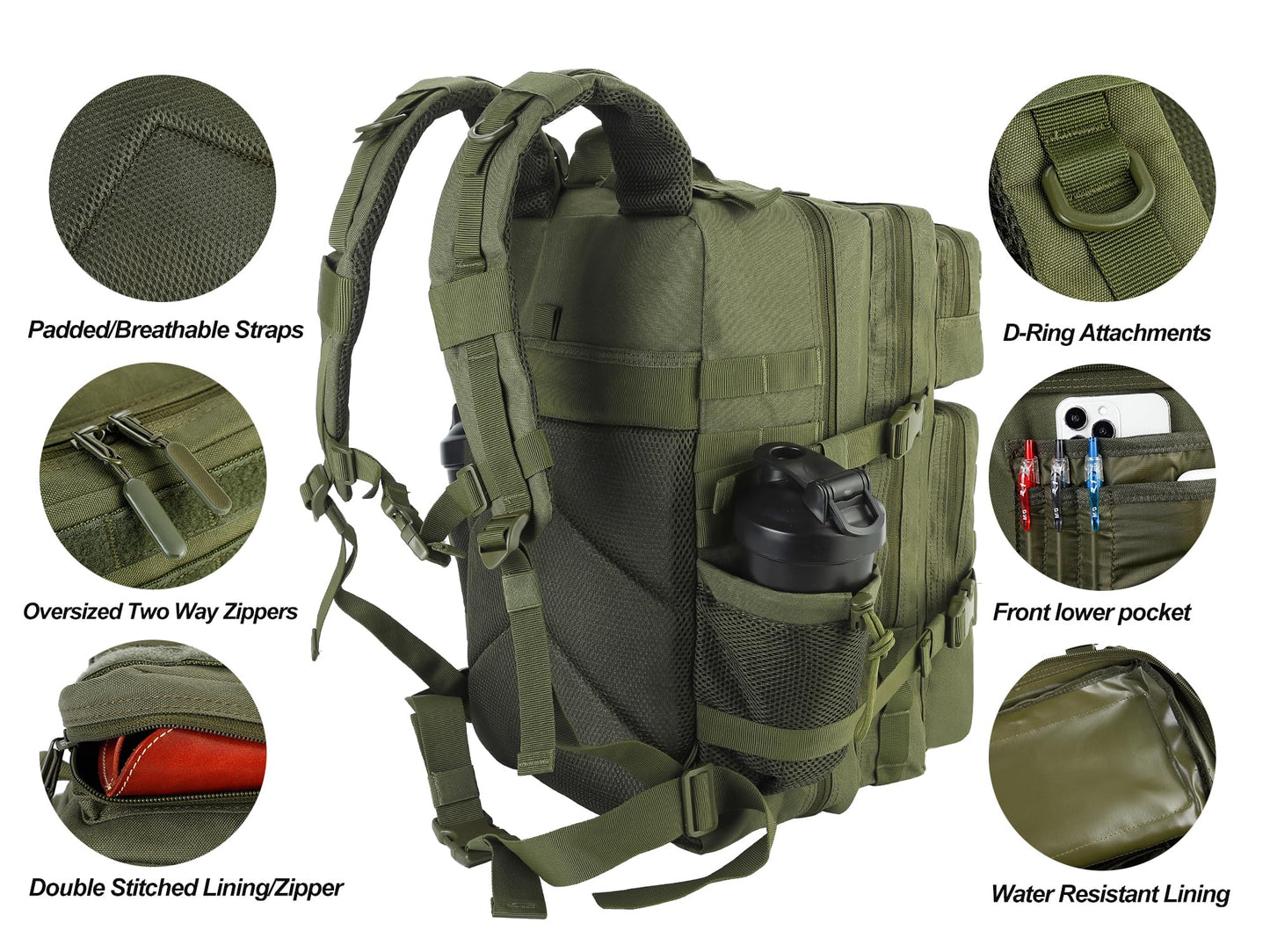 LHI Military Tactical Backpack for Men and Women 45L Army 3 Days Assault Pack Bag Large Rucksack with Molle System - Green