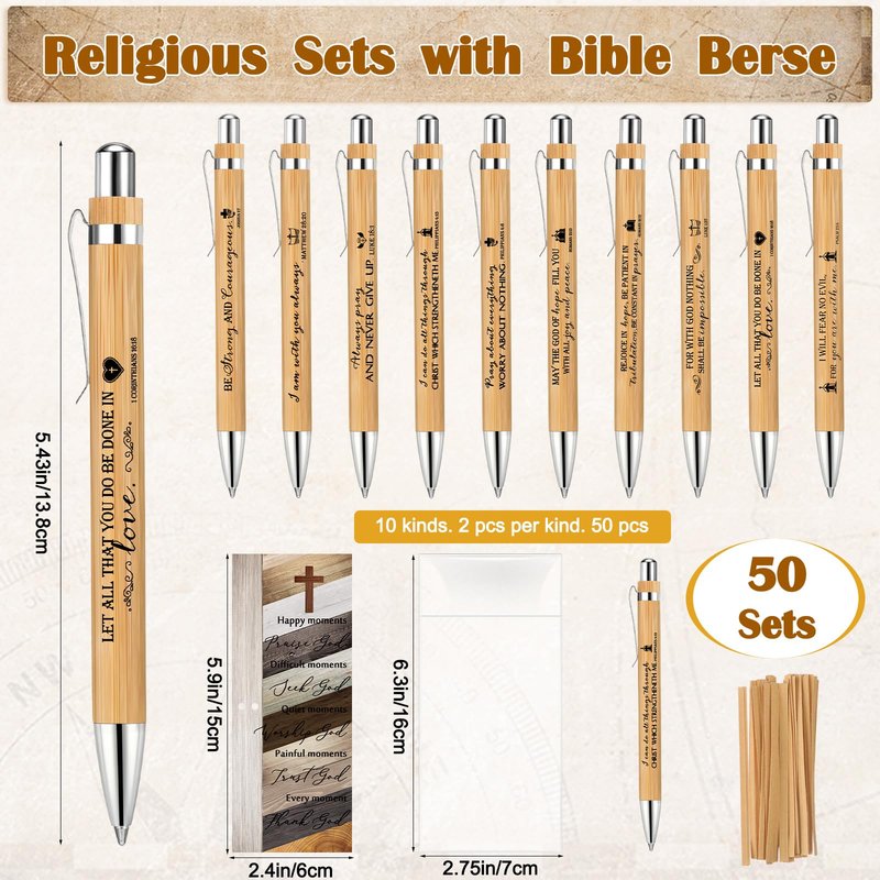 Spakon Christmas Christian Gifts Bulk Bible Verse Compass Pen Engraved Inspirational Compass with Religious Bookmarks Church Welcome Gifts for Men Women Christian Sunday School(30,Bamboo Pen)