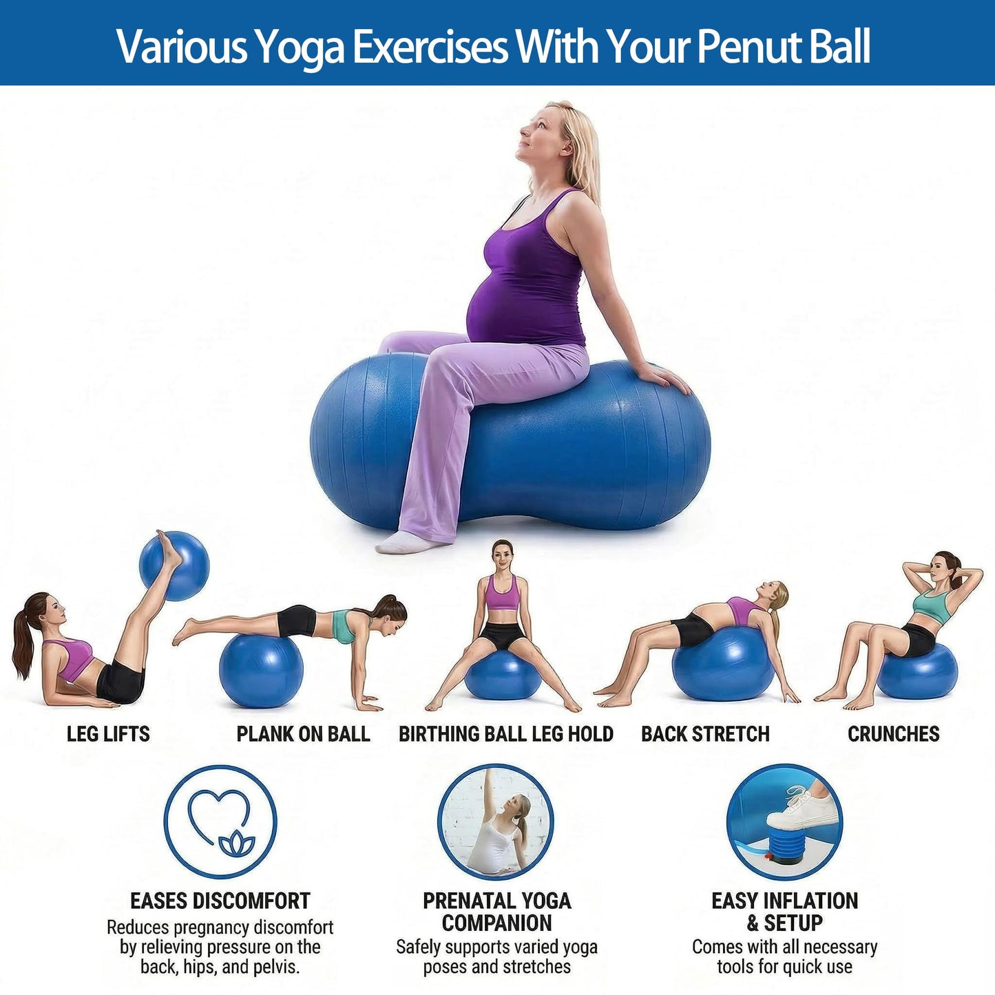 Peanut Ball for Kids Therapy,Anti-burst Exercise Ball With Pump 90x45cm Yoga Ball Gym Quality Fitness Ball for Pregnancy Birth Exercise Physical Therapy, for Child Training, Women, Men (Blue)