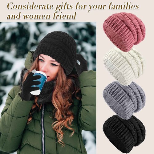 Suhine 16 Pcs Winter Beanie Hat Scarf Gloves Set Women Winter Knitted Hat Circle Scarves Touchscreen Gloves Earmuffs(Black, White, Gray, Pink,Classic Style)