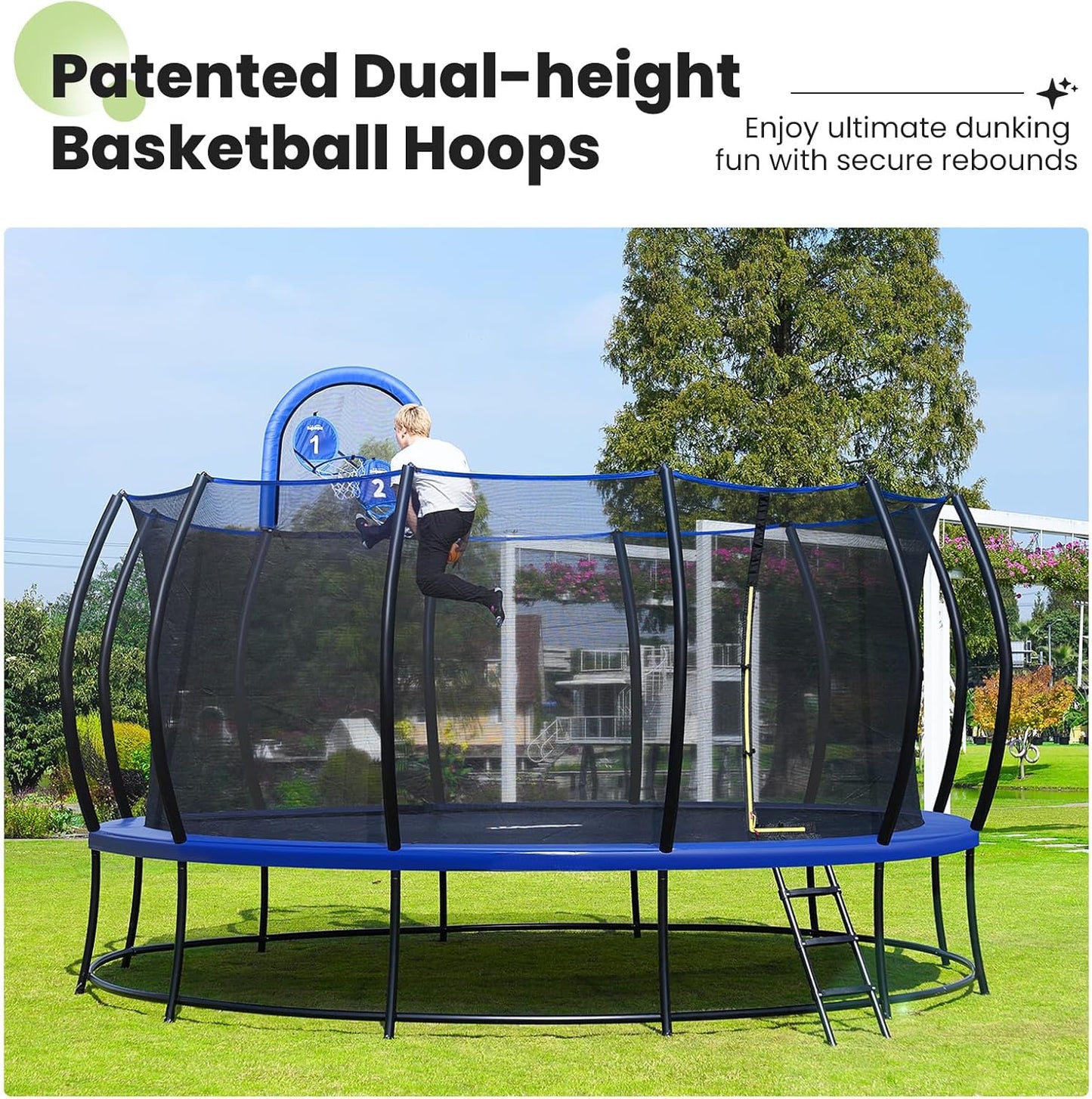 Zupapa 16FT Trampoline with Safety Enclosure Net - 1800LBS Capacity, No-Gap Design, Non-Slip Ladder for Kids & Family Outdoor Fun
