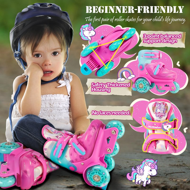 MoSoulais Unicorn Kids Roller Skates Adjustable Girls Roller Skate with Light Up Wheels Toddler Roller Skates Birthday Girly Gift for Youth Children Beginner Ages 5 6 7 8 - Pink S(10.5C-13C)