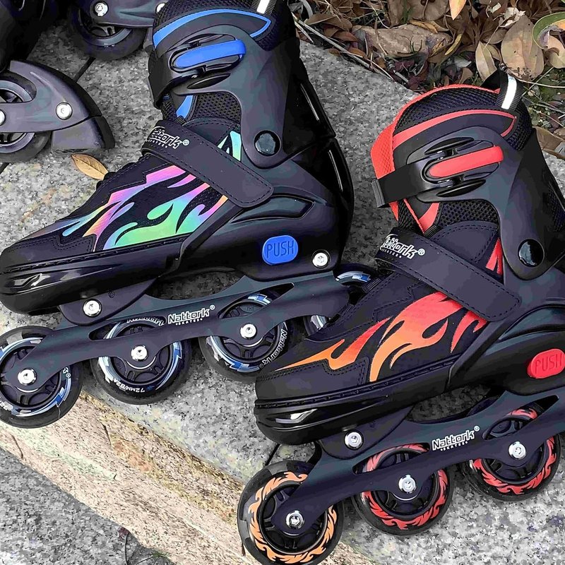 Nattork Adjustable Inline Skates for Kids and Teens, Nezha Inferno Skates Indoor and Outdoor Blades Roller with 8 Light Up Wheels for Boys Girls Youth Aged 6-16, Adult Beginners Flame Style 11 12 13