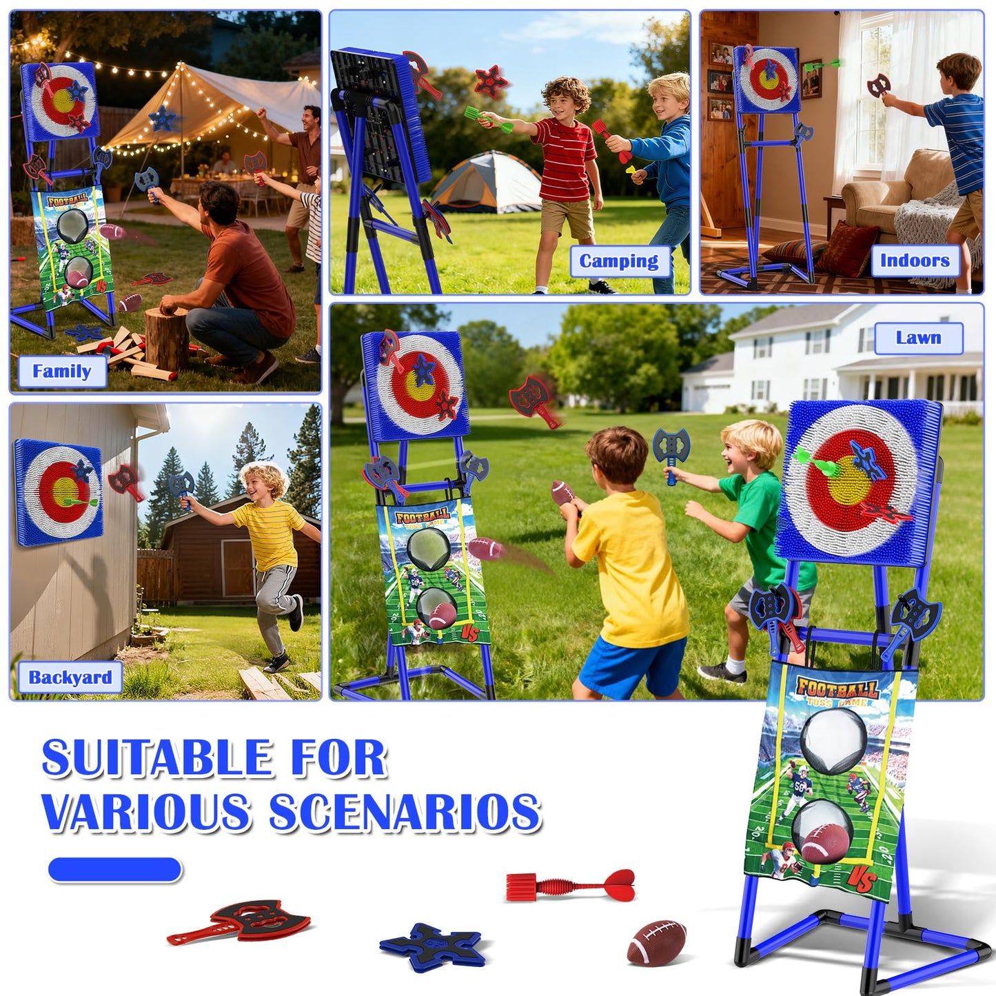 VATOS 2-in-1 Axe & Football Throwing Game Set, Bristle Axe Toss Target with 16 pcs Safe Darts, Portable Outdoor & Indoor Backyard Games for Teens and Adults, Lawn Carnival, Camping Party Toy Gift
