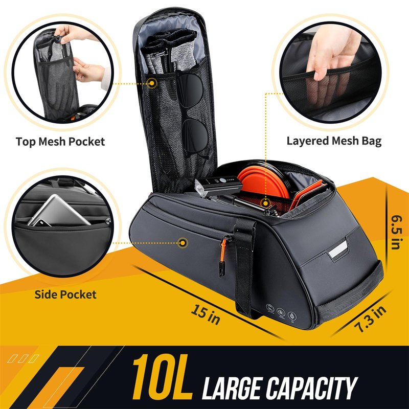 WOTOW Bike Rack Bag Waterproof - 9.5L Large Capacity Bike Trunk Bag, Reflective Bicycle Saddle Panniers, Cycling Bags Back Seat Storage Cargo Carrier Pouch with Shoulder Strap & Hook