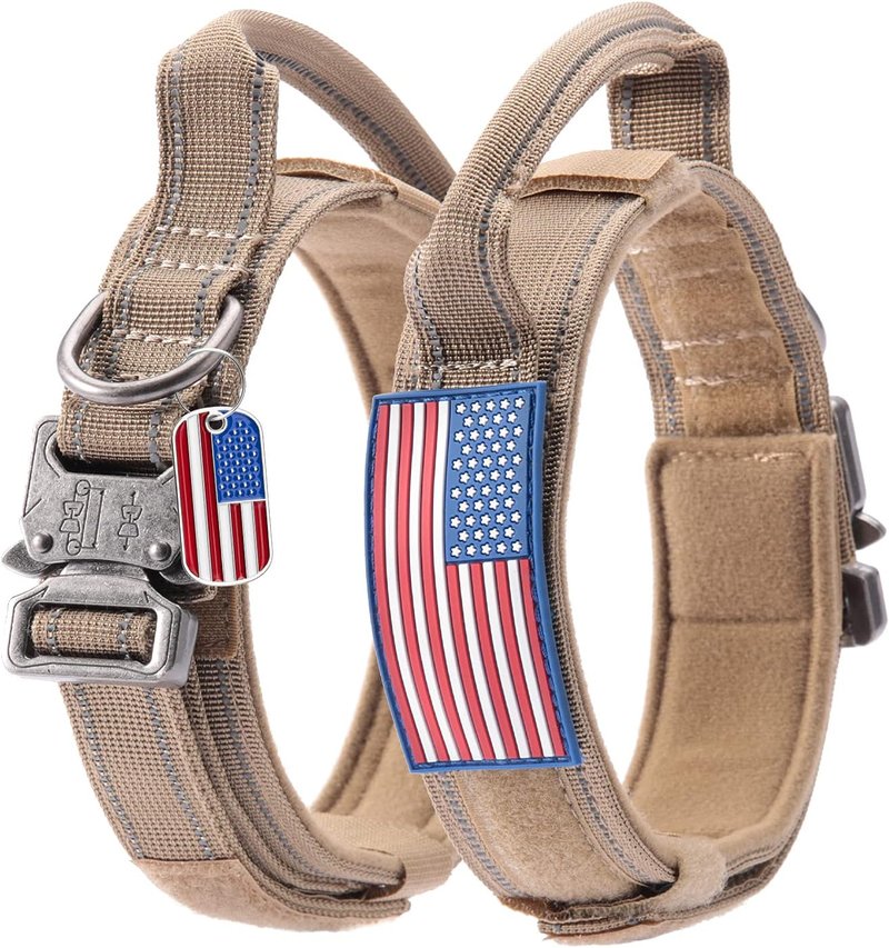 Reflective Tactical Dog Collar - Adjustable Military Nylon with Control Handle | Heavy Duty for Medium & Large Dogs, 1.5" Width, Brown