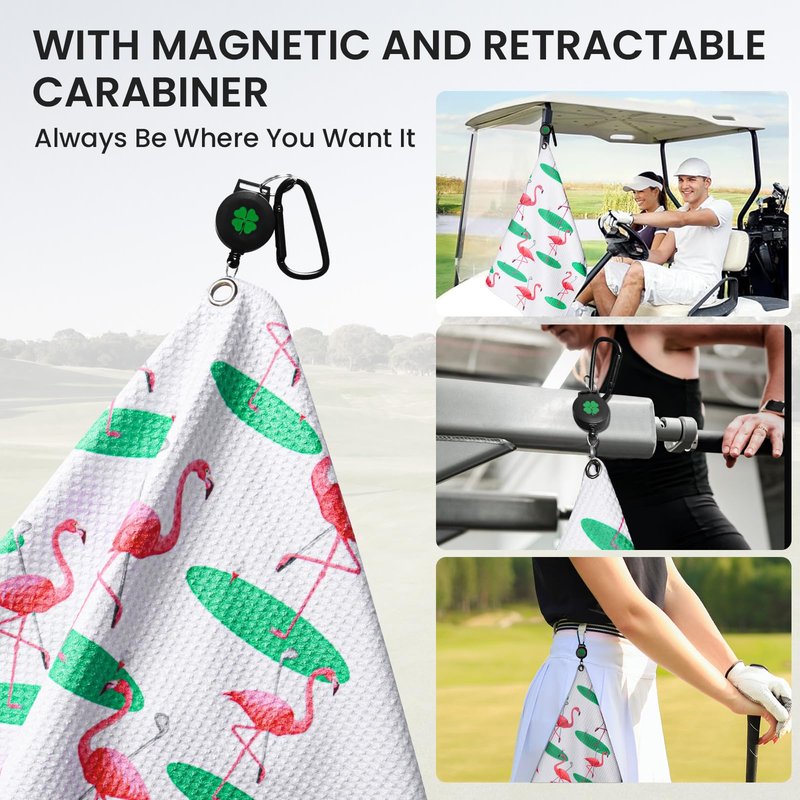 Golf Towels for Golf Bags Value 2 Pack 21"x16" and 12"x8" Set with Strong Magnetic Retractable Carabiner, Microfiber Waffle Towel Pattern Lightweight Absorbent Gift for Women Ladies (Flamingo&White)