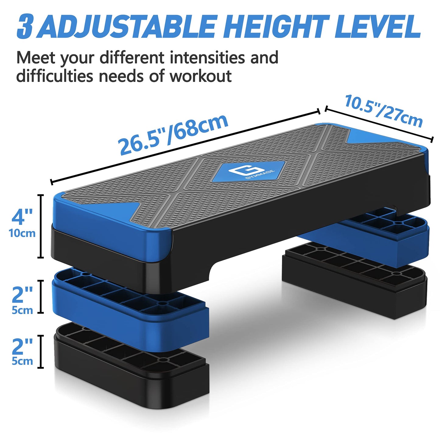 GYMMAGE Aerobic Exercise Step, Adjustable Aerobic Stepper for Exercise, Workout Step Platform for Step Up, 26.5" Step Deck with 4” 6” 8” Adjustable Height Risers, Women Home Gym Cardio Fitness