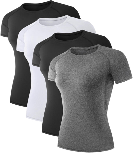 TELALEO 4 Pack Women's Compression Shirt Running Athletic T-Shirts Workout Tops Baselayer Short Sleeve Yoga Gym Sports Gear 2Black/Grey/White M/02