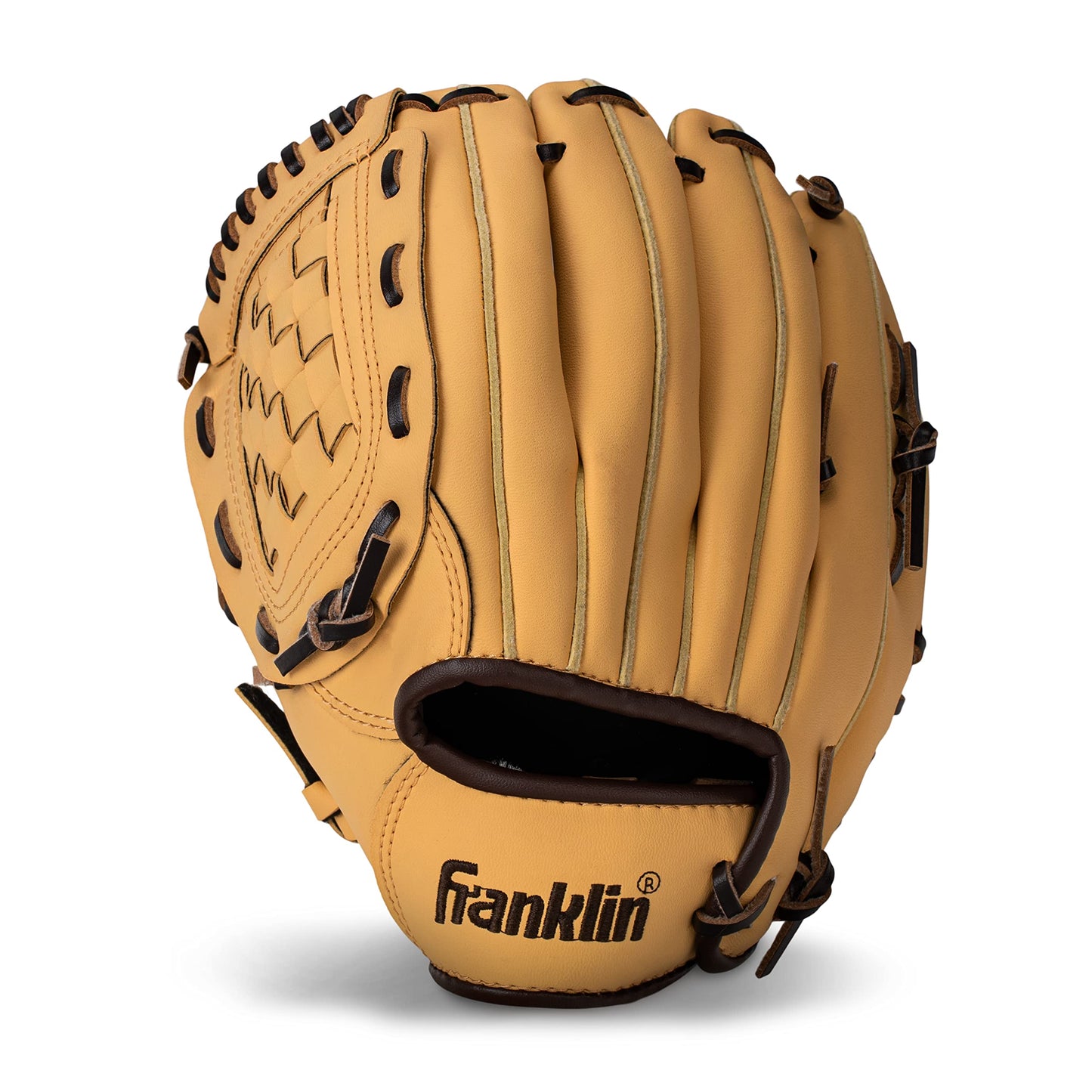Franklin Sports Field Master Baseball and Softball Gloves for Adults, Youth, and Kids - Durable and Soft Synthetic Leather - Adjustable Fit - Left Hand Throw - 10" in. Infield - Camel Brown