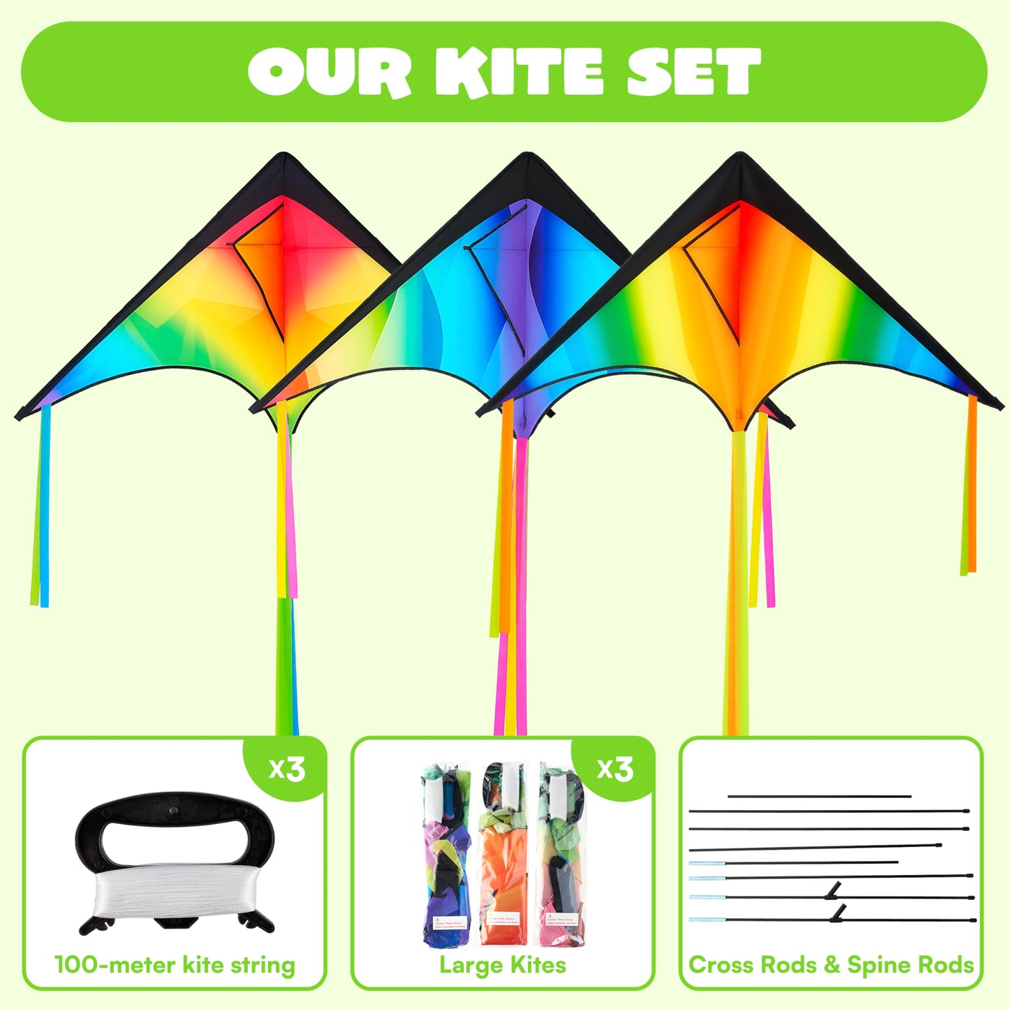 JOYIN 3 Pcs Large Delta Kite Gradient Rainbow, Easy to Fly Huge for Kids and Adults with 328ft String, Large Delta Beach Kite for Outdoor Games and Activities