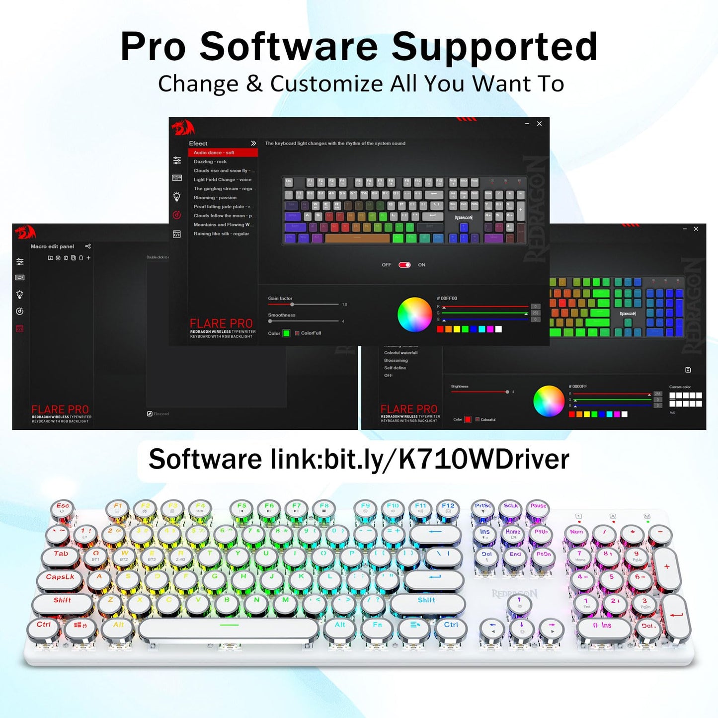 Redragon K710 Wireless Typewriter Mechanical Gaming Keyboard, Bluetooth/2.4Ghz/Wired, RGB LED Backlit, Blue Switch - Clicky, Rechargeable, Solid Metal Panel, Round Keycaps, White
