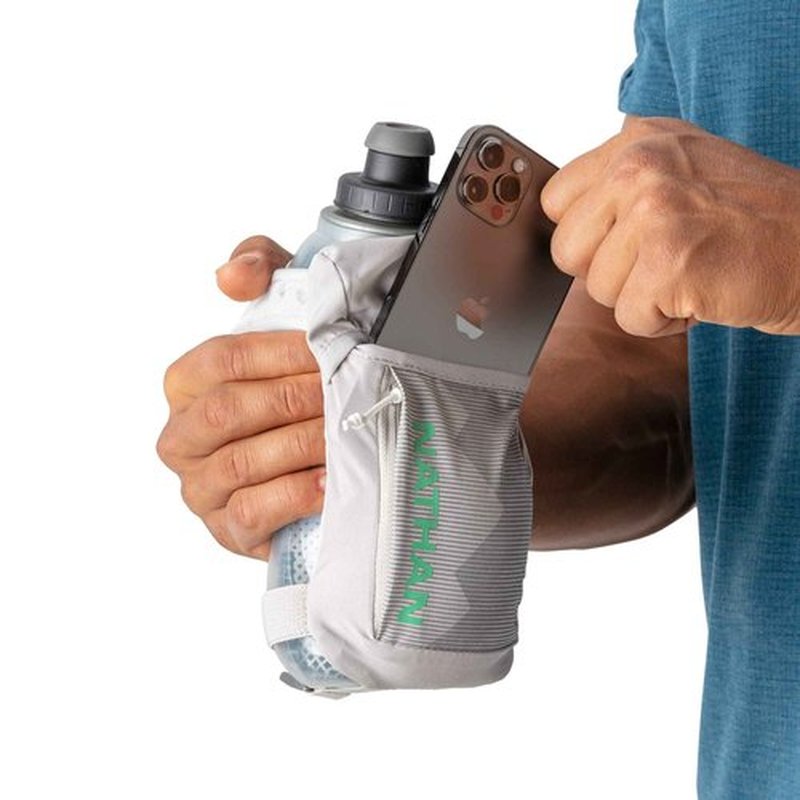Nathan Running Handheld Quick Squeeze Water Bottle. No-Grip Adjustable Hand Strap. 12oz / 18oz / Insulated. Reflective Hydration Water Bottle.