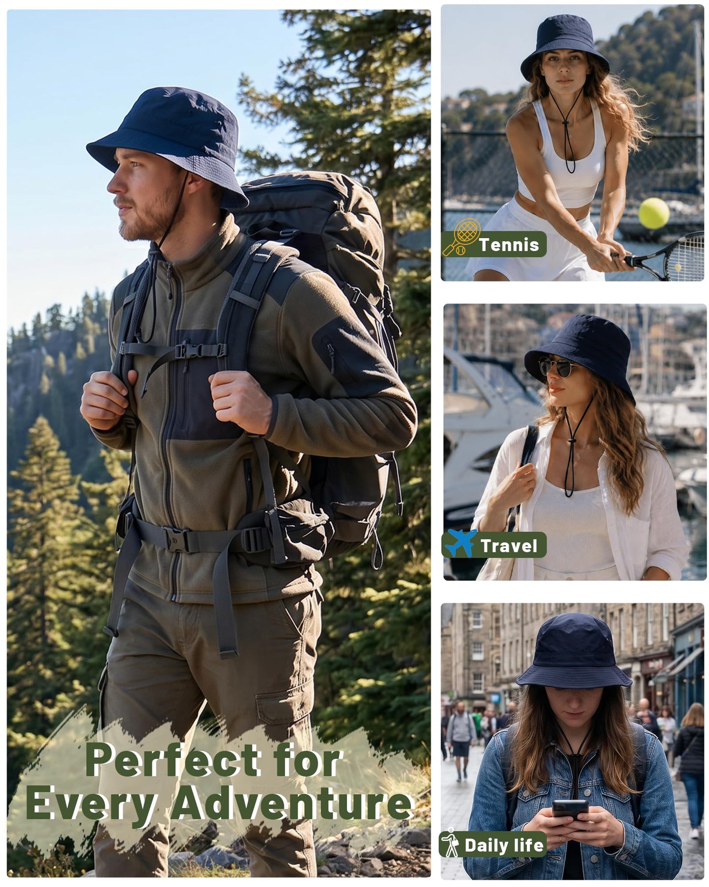 Water-Resistant Bucket Hat for Women Men Rain Hat UPF 50+ Boonie Sun Hat Foldable Summer Floppy Fishing Safari Hats Navy Blue