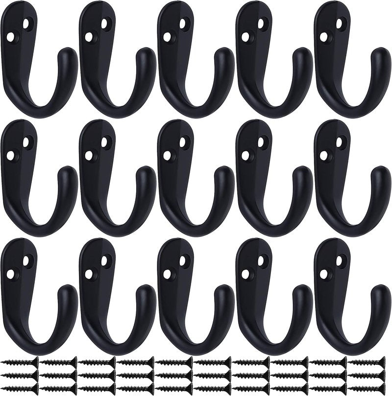 15PCS Wall Mounted Coat Hooks - Single Prong Robe Hook Set for Towels, Bags, Hats | Black