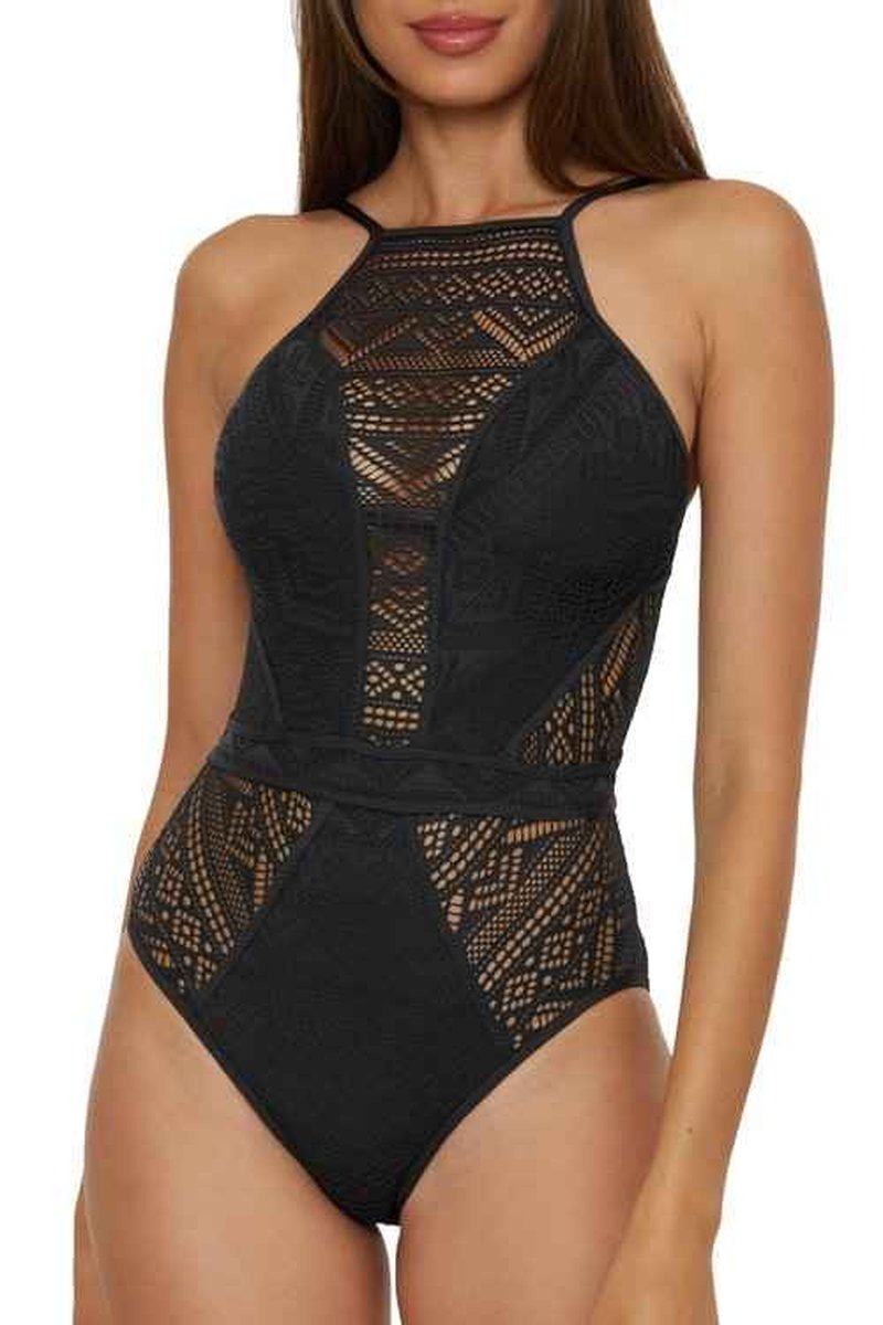 BECCA Women's Standard Color Play Crochet One Piece Swimsuit, High Neck, Bathing Suits, Black (A), Medium