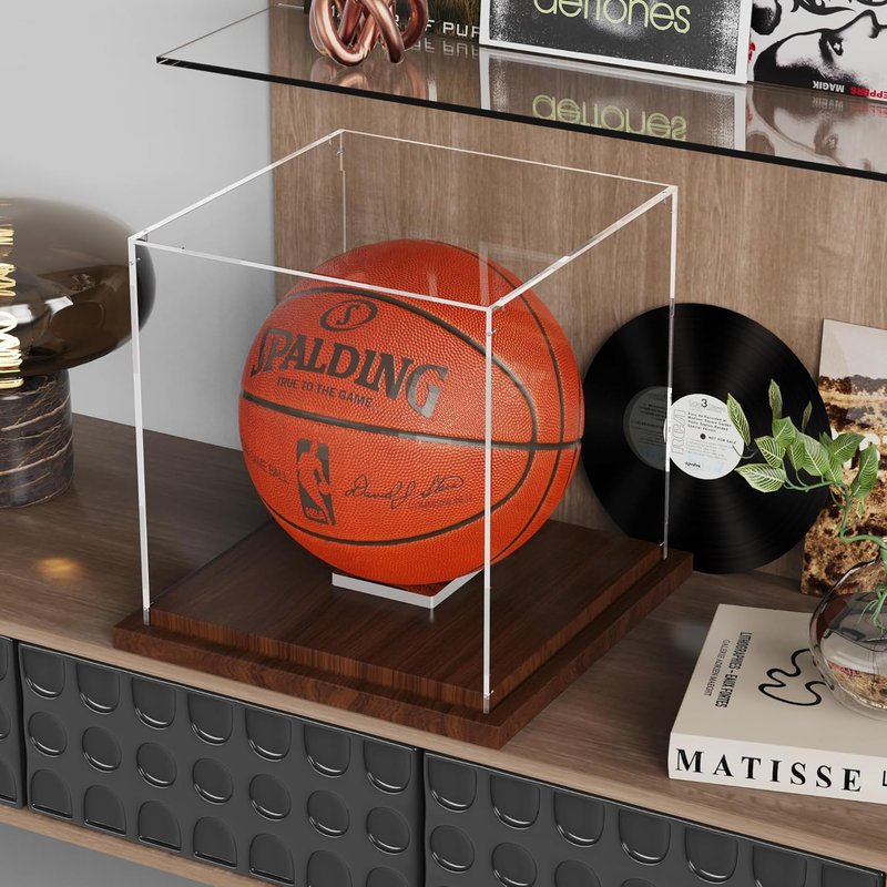 Basketball Display Case - Clear Acrylic Box with Removable Holder for Autographed Balls | Wood Base, Sports Memorabilia
