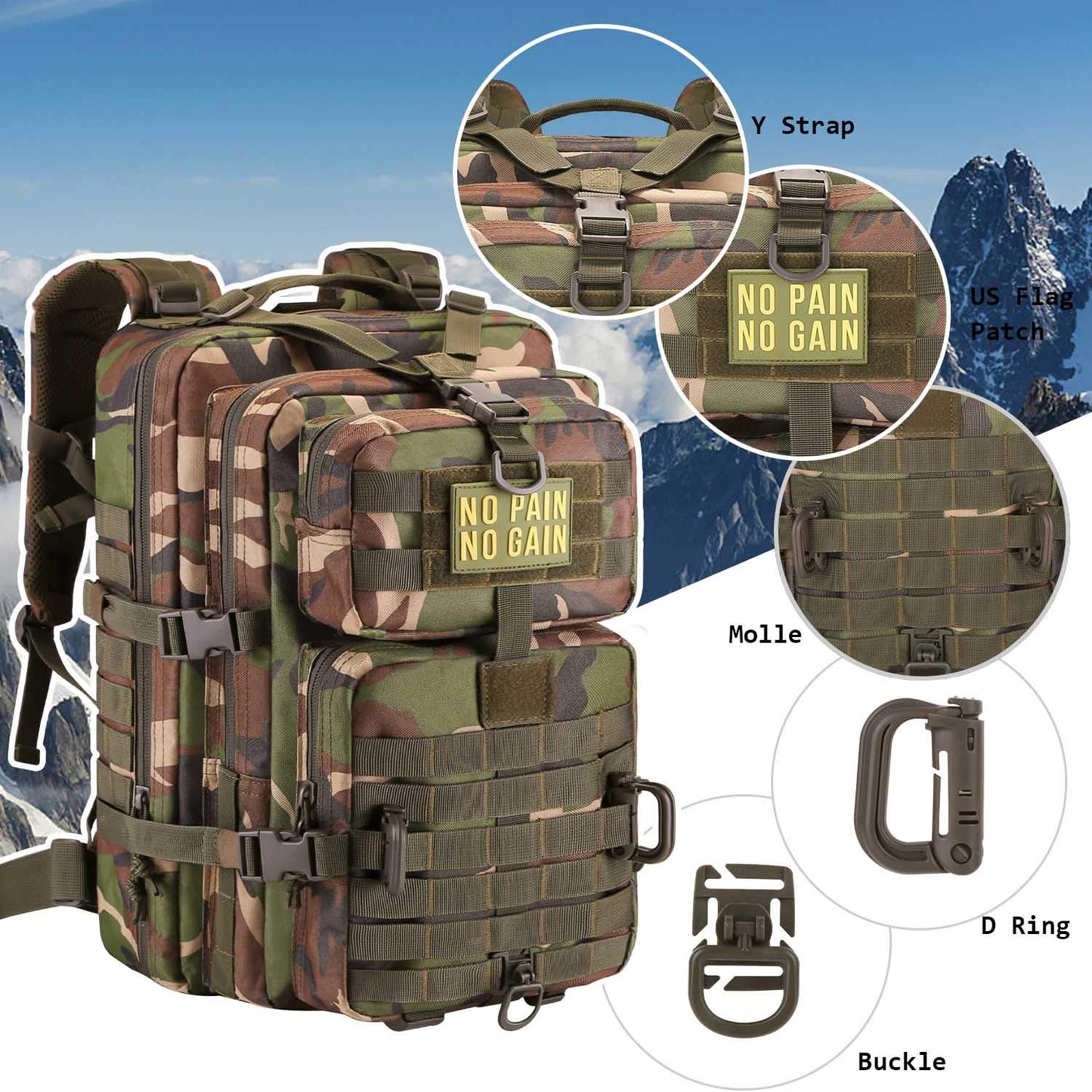 Hannibal Tactical MOLLE Assault Backpack, Tactical Backpack Military Army Camping Rucksack, 3-Day Pack Trip w/Patch, D-Rings, Woodland