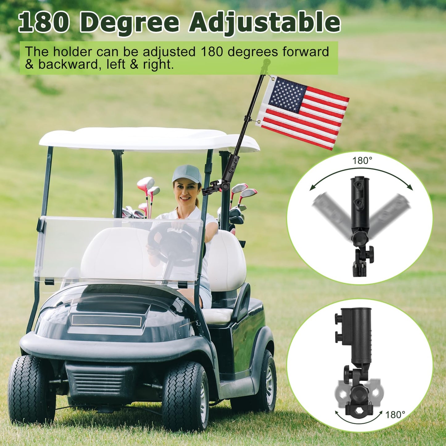 WEIMELL Golf Cart Flag Holder with USA Flag Pole Mount Kit Set Fit for EZGO TXT RXV Club Car Precedent Tempo DS Yamaha Boat Heavy Duty Windproof Bracket Set (with Flag 12x18 Inch)