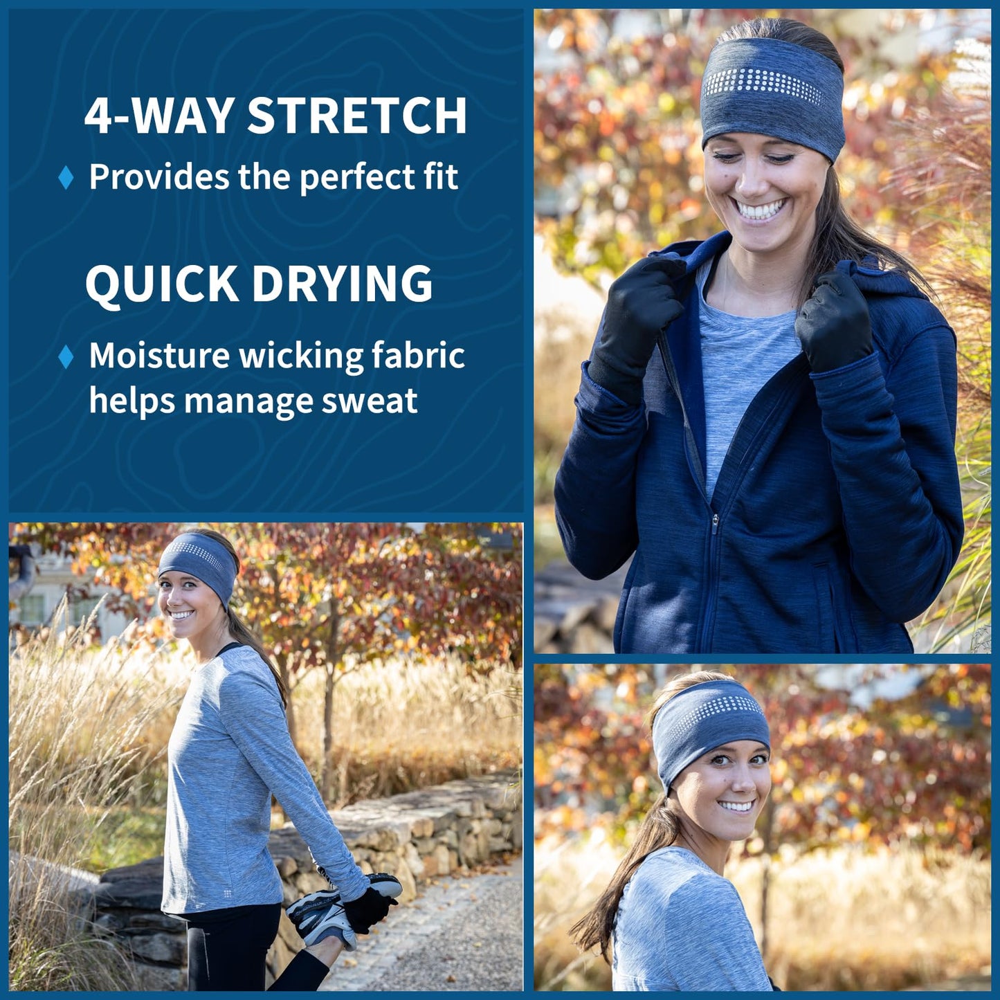 TrailHeads Womens Ponytail Headband - Reflective, Moisture Wicking Hair Headband for Running, Winter - Adrenaline Series - Heather Navy Reflective