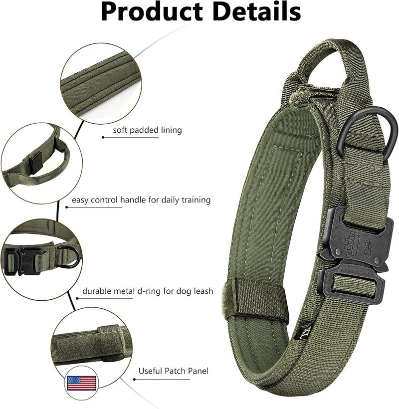 Tactical Dog Collar - Adjustable Military Nylon Design with Control Handle & Heavy Metal Buckle | Large Green Set for Medium & Large Dogs