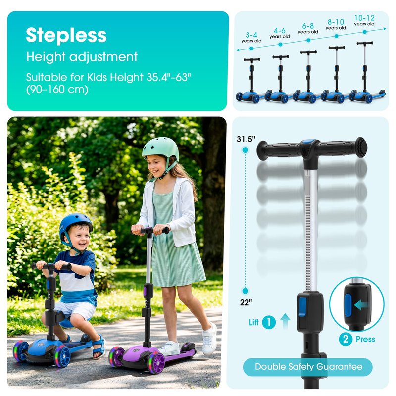 GLAMUP 3-Wheel Scooter for Kids, 2-in-1 Folding Kick Scooter with Removable Seat, Adjustable Height & Safety Lock, Lean-to-Steer, LED Light-Up Wheels for Boys and Girls Ages 3-14, Blue