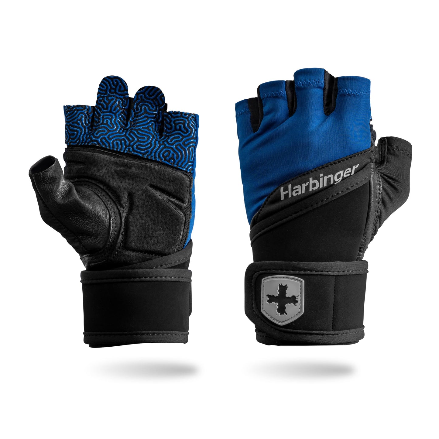 Harbinger Training Grip Wrist Wrap Gloves - Enhanced Grip & Wrist Support, Breathable Lycra Back, Padded Leather Palm, Half-Finger Design, Quick Pull Tabs, Ideal for Weightlifting, Blue, Large
