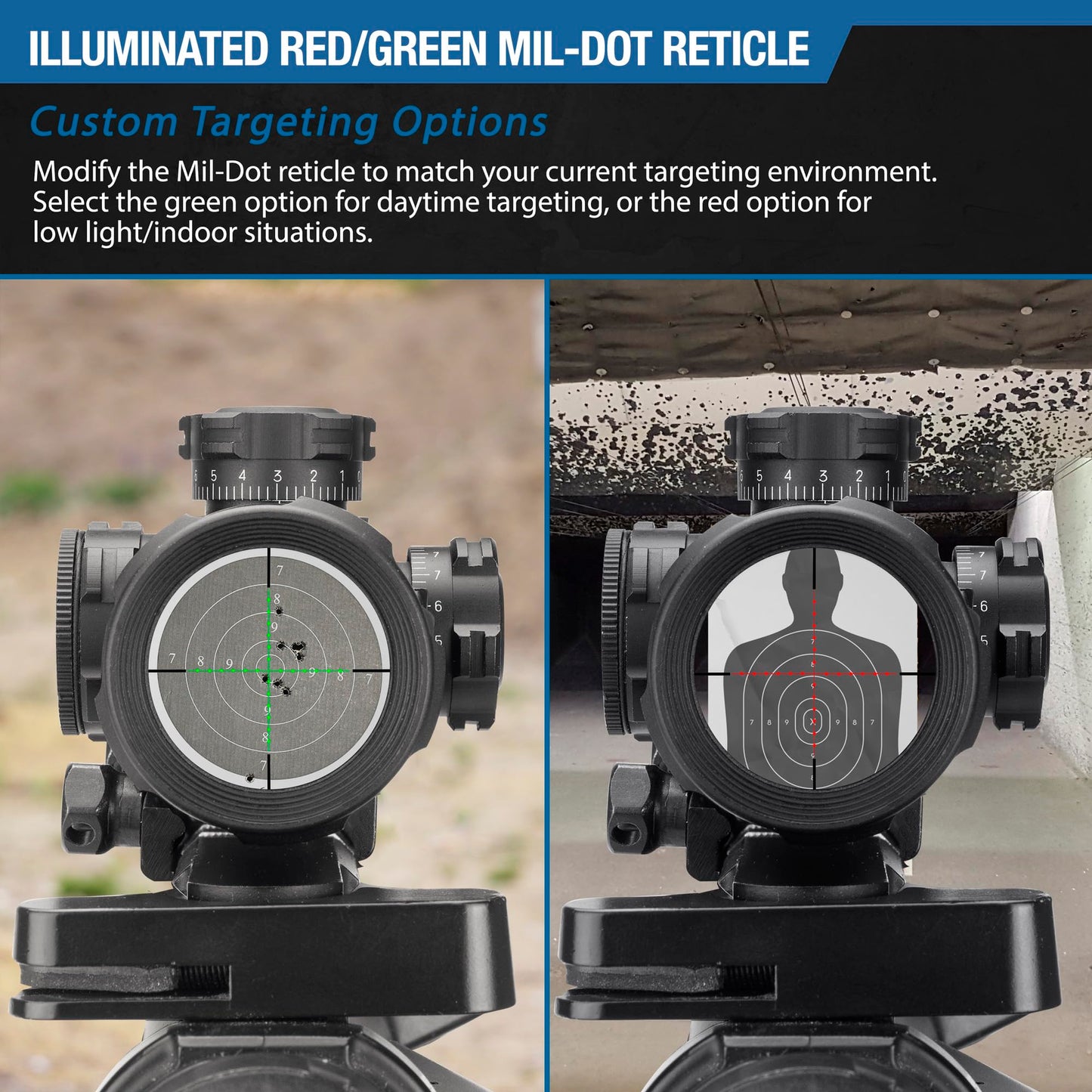 Barska Compact 4x32 Rifle Scope with Red/Green Illuminated Mil-Dot Reticle – Side Rheostat, Sunshade, Flip-Up Caps, External Turrets, Waterproof/Fogproof