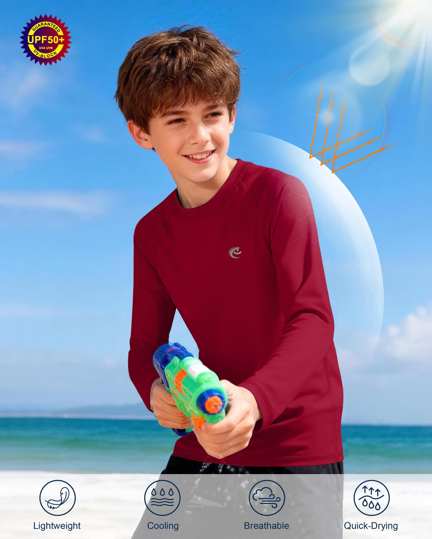 Boys UPF 50+ Swim Shirt Long Sleeve, 1 or 2 Pack UV Sun Protection Rash Guard, Youth Kids SPF Water Shirts for Beach Surf