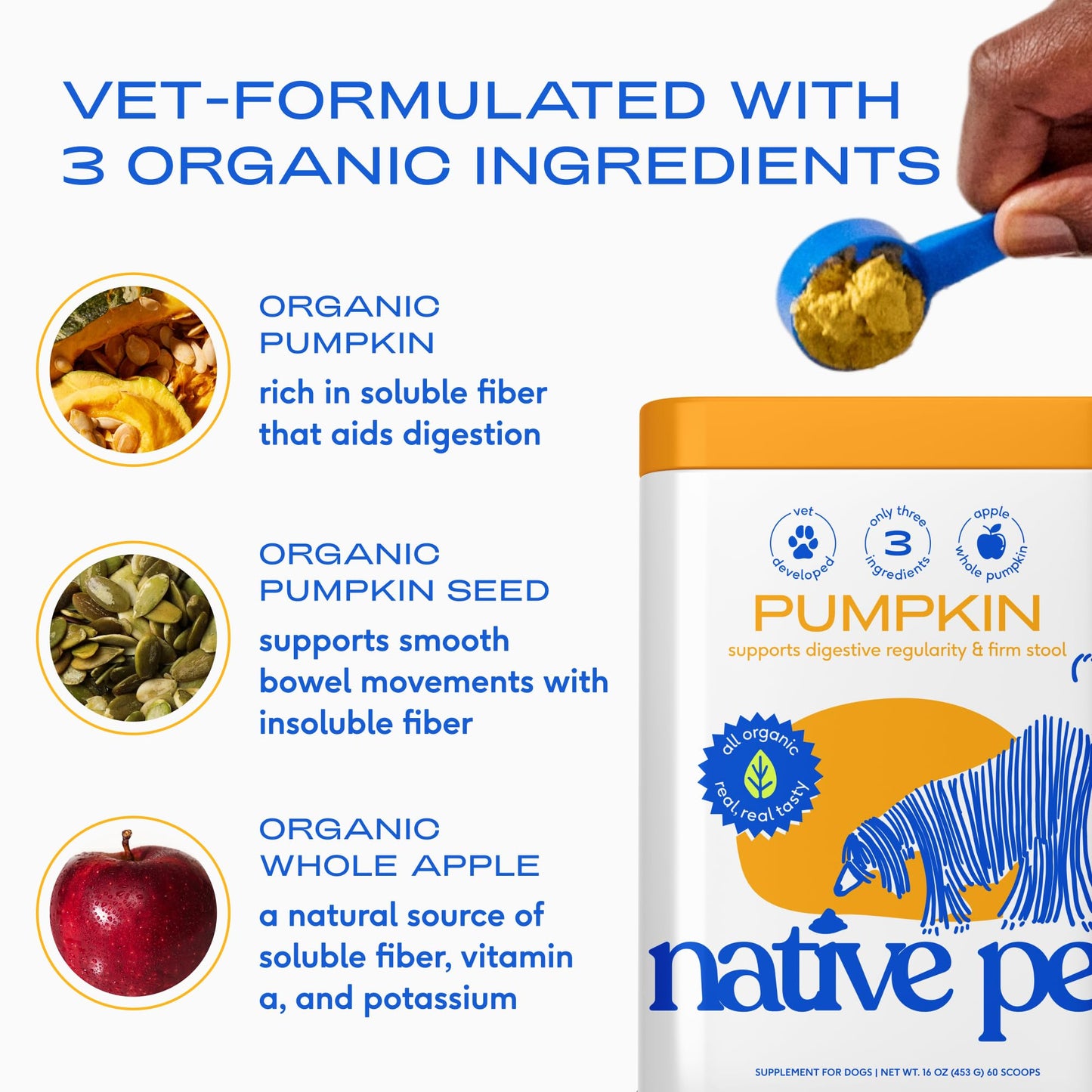 Native Pet Pumpkin for Dogs - Organic Dog Food Topper Powder - Promotes Firm Stools, Supports Digestive, Bowel Health & Nutrient Absorption - USDA Organic, Rich in Fiber with Real Pumpkin - 60 Scoops
