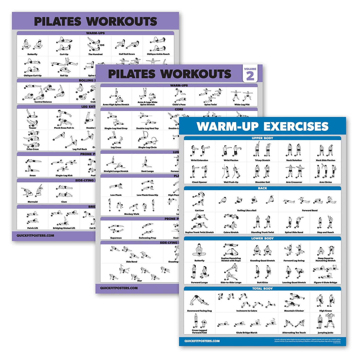 3 Pack - Pilates Workout Poster Set Volume 1 & 2 + Warm Up Routine - Pilates Mat Work Exercises - Fitness Charts (18 x 24, LAMINATED)