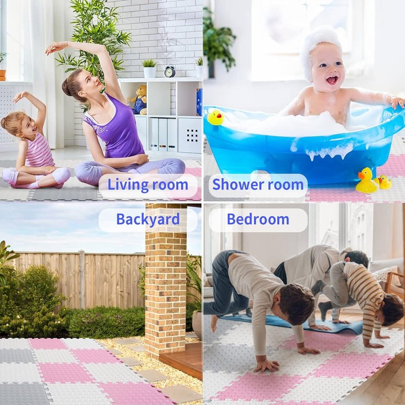 Foam Play Mat for Baby - Soft Non-Toxic Interlocking Floor Mats | 0.4 Inch Thick, 16 Tiles (White/Light Gray/Pink)