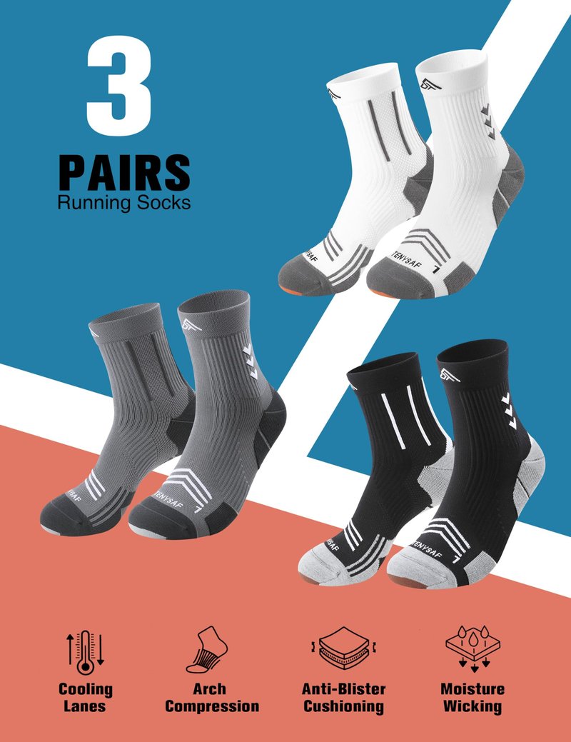 TENYSAF Compression Sport Running Socks: Athletic Socks for Men Women with Cushion,3 Pairs Work Hiking Basketball Ankle Socks