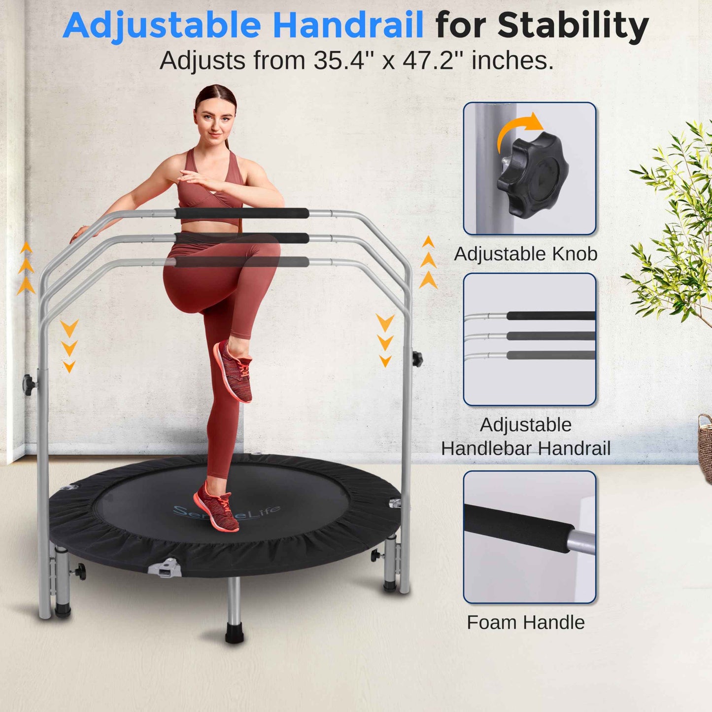 SereneLife 40" Foldable Mini Trampoline - Compact Fitness Trampoline for Kids Adults, Exercise Rebounder with Adjustable Foam Handle, Indoor/Garden Workout Equipment, Max Load 220 lbs, Black