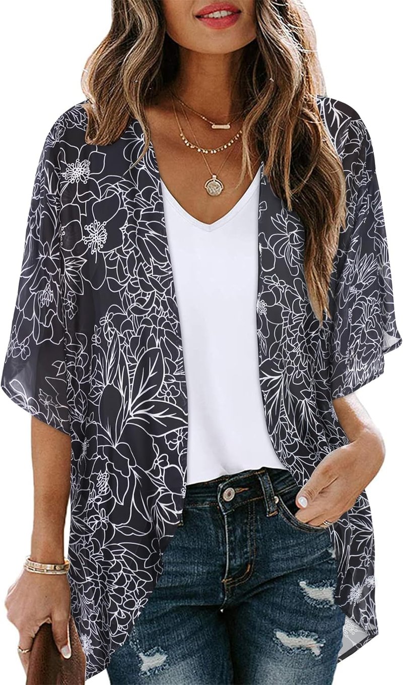 Floral Print Puff Sleeve Kimono Cardigan - Casual Women's Cover-Up Blouse Top