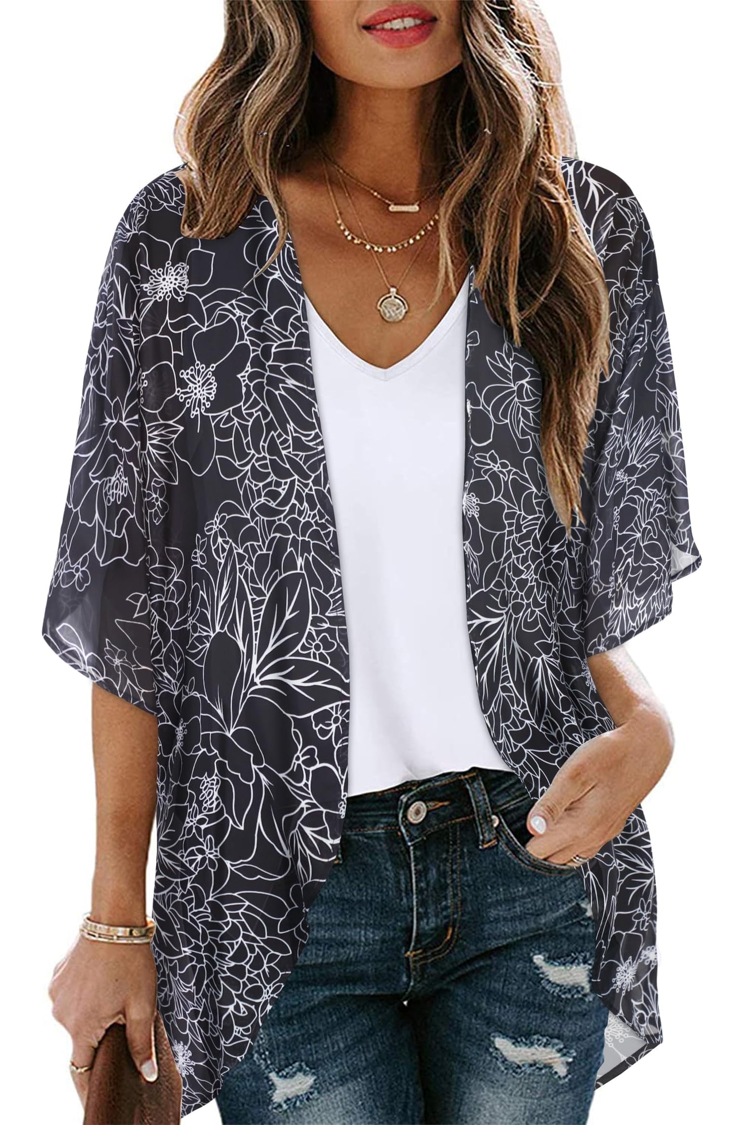 Women's Floral Kimono Cardigan Cover Up Casual Tops,Black Brief Flowers,L