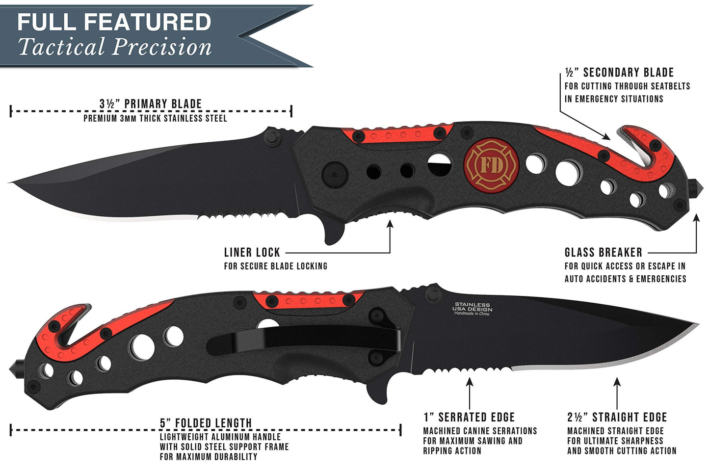 Swiss Safe 3-in-1 Tactical Knife for Military and First Responders - Fire Department Red