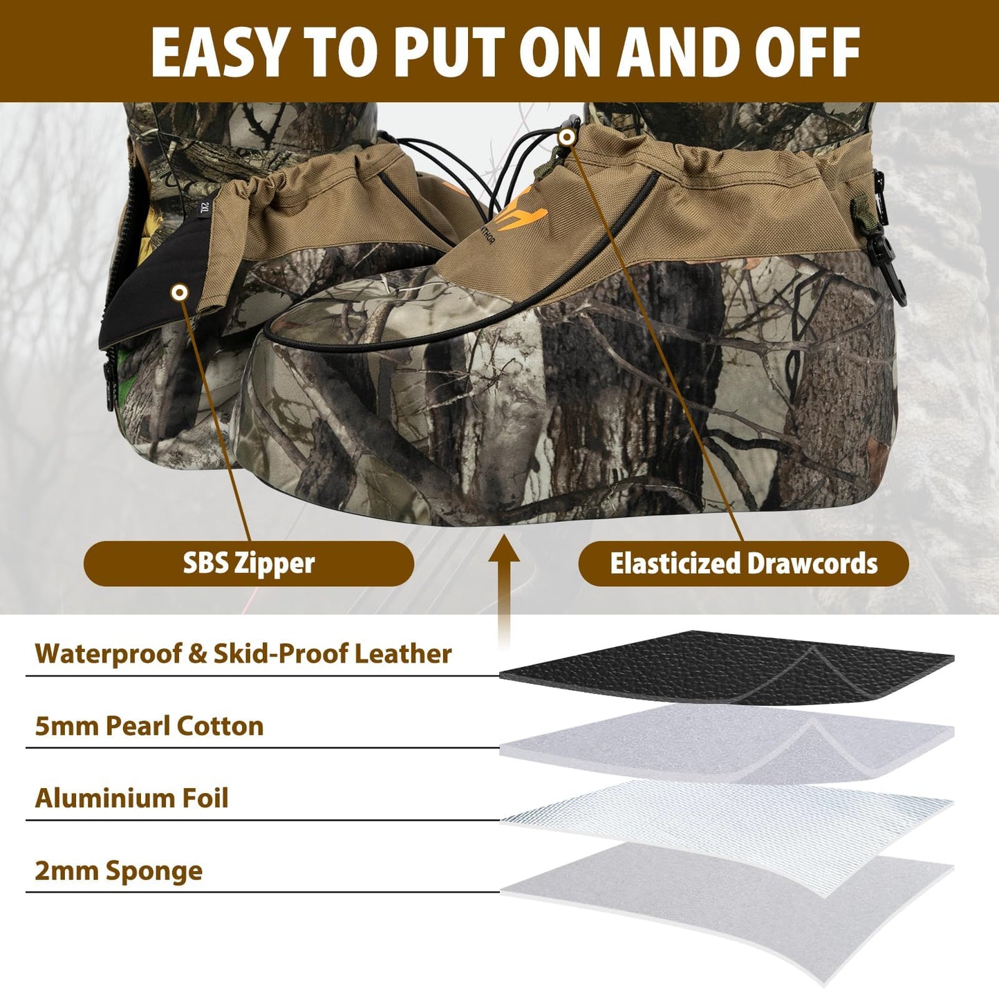 Hunthor 600D Insulated Boot Covers, Camo Hunting Gear, Cold Weather