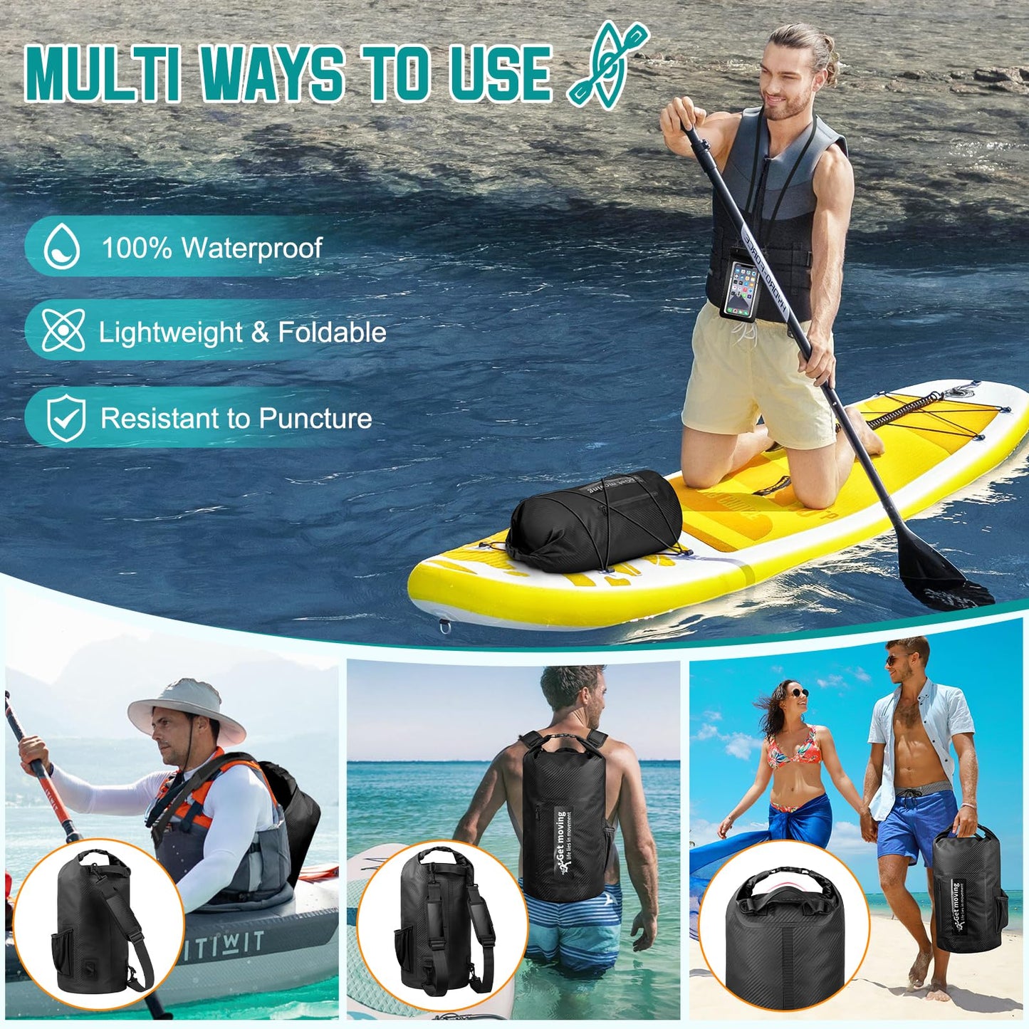 BKNOOU Dry Bag Waterproof for Kayaking, Roll Top Backpack for Women Men