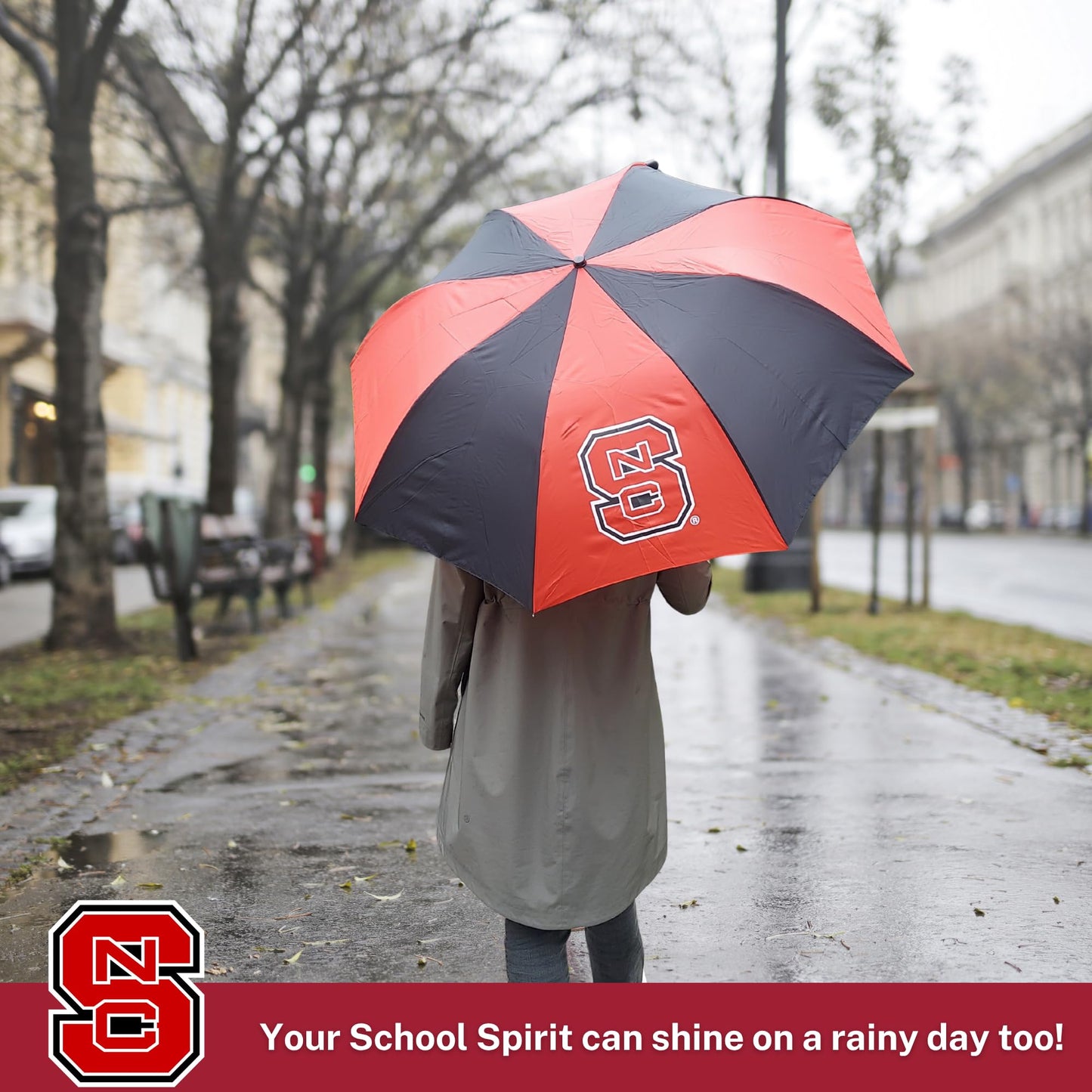 Storm Duds Ultra-Waterproof Sport Umbrella - North Carolina State Two Tone Black and Red - 48” Coverage w/Push Button Automatic Open - Flexible, Wind & Rust Resistant Folds to 17 Inches
