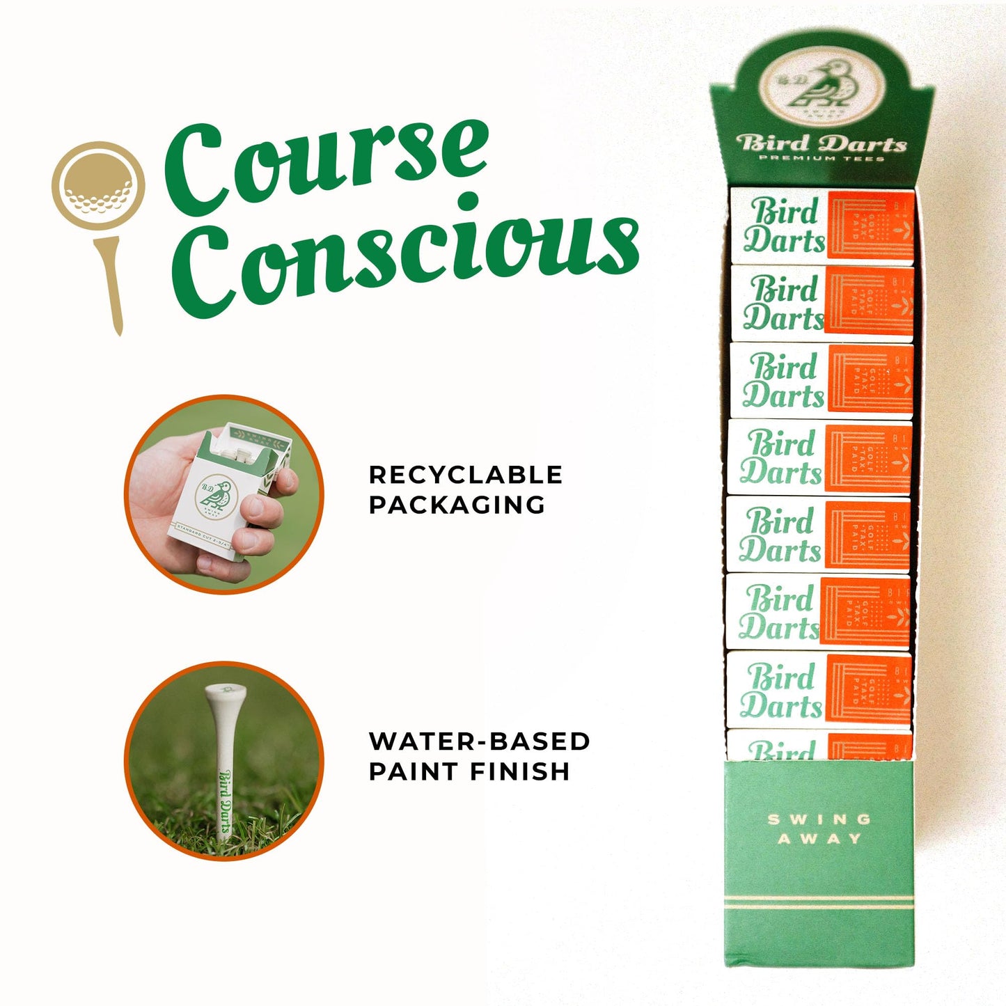 Bird Darts Premium Bamboo Wood Golf Tees, 18/72/180 Units (Packs of 18), 2 ¾ Golf Tees in Cigarette-Style Packaging, Durable, Biodegradable, Golf Tees Wood for Stylish Golfers (180 Units (Pack of 10))