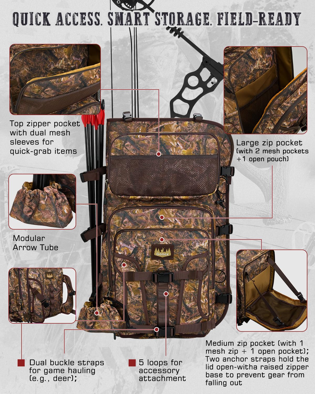 Gonex Hunting Bow Case Backpack with Detachable Arrow Tube, 900D Waterproof Polyester, Full-Padded Protection, Archery Bag with Multi-Pockets & Game Hauling Straps for Compound Bow Camo Brown