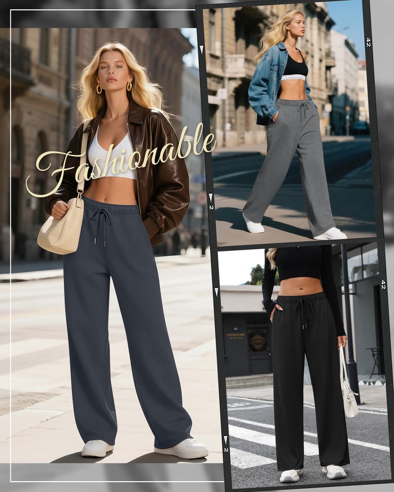 Velvelhall 4 Pack Women's Wide Leg Sweatpants Drawstring Lounge Joggers for Women Straight Pants Elastic Waist with Pockets(Gray, Light Gray, Dark Gray, Black,Medium)