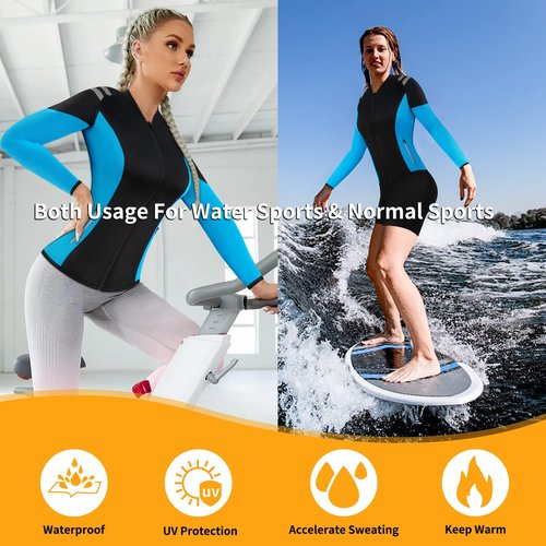 CtriLady Wetsuit Top, Women’s Wetsuit Long Sleeve Jacket, Neoprene 2mm Wetsuits with 2 Zipper Pockets for Swimming Diving Surfing and Boating (Blue, XX-Large)